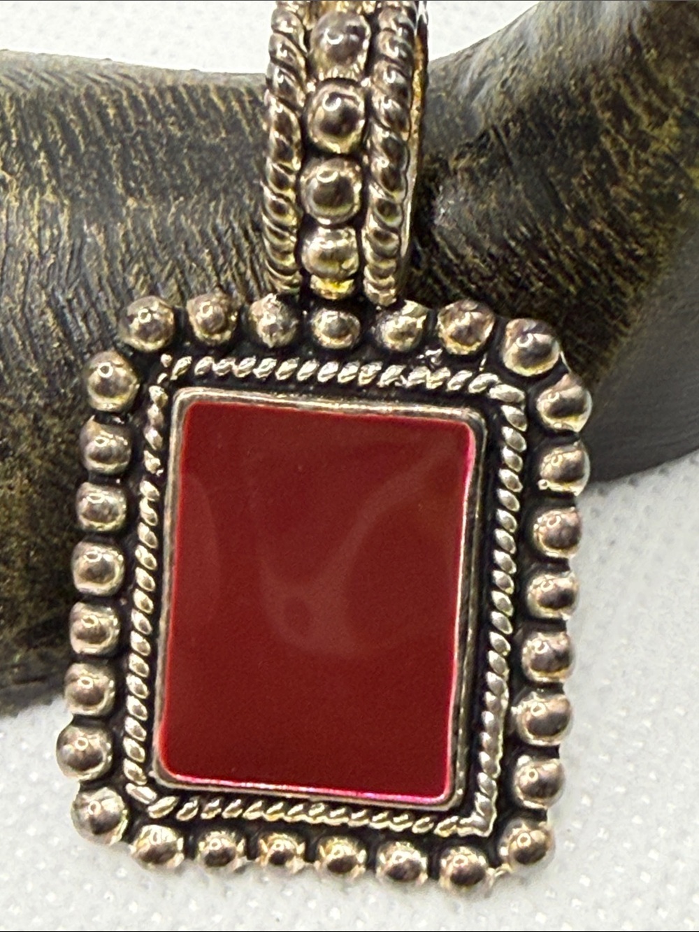 BEST signed Red lux enamel Square Pendant for Necklace Silver-Tone Frame charm